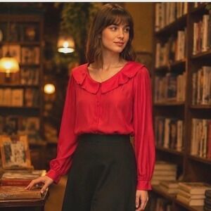 Clio Red 100% Silk Peter Pan Collar Button Front Blouse Long Sleeve Size L